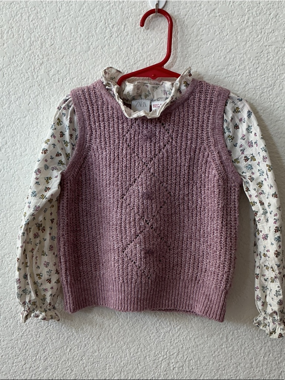 Zara Girl’s Purple Mauve Knit Vest with Floral Ruffle Blouse Size 2-3Y